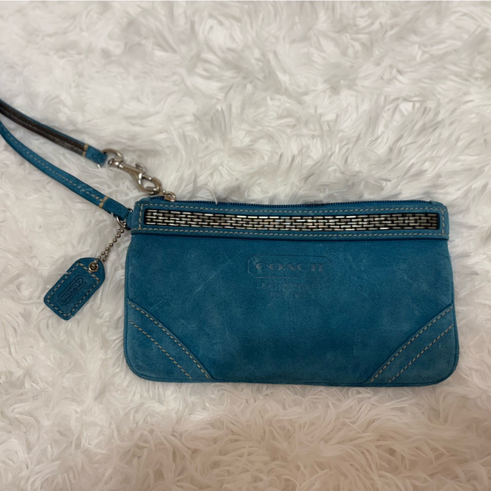 Coach Teal Leather Wristlet with Chain Detail